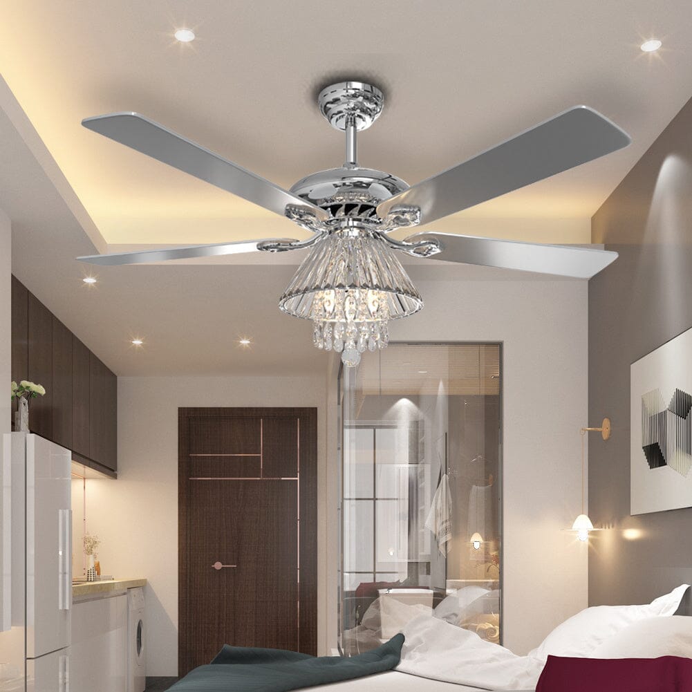 Elegant 52-Inch Silver Ceiling Fan with Crystal Chandelier Lighting