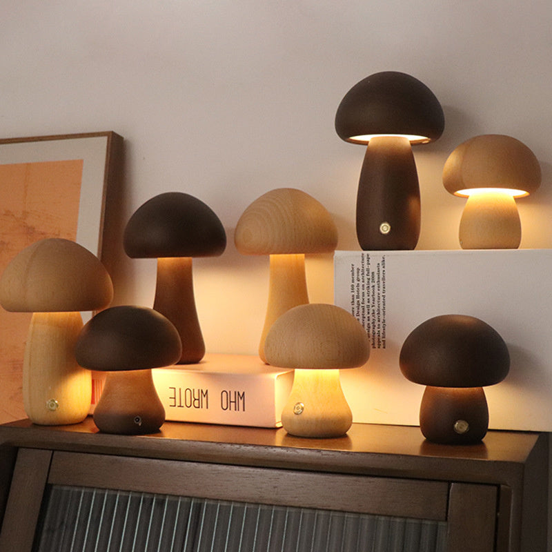 Rustic Wooden Mushroom Table Lamp