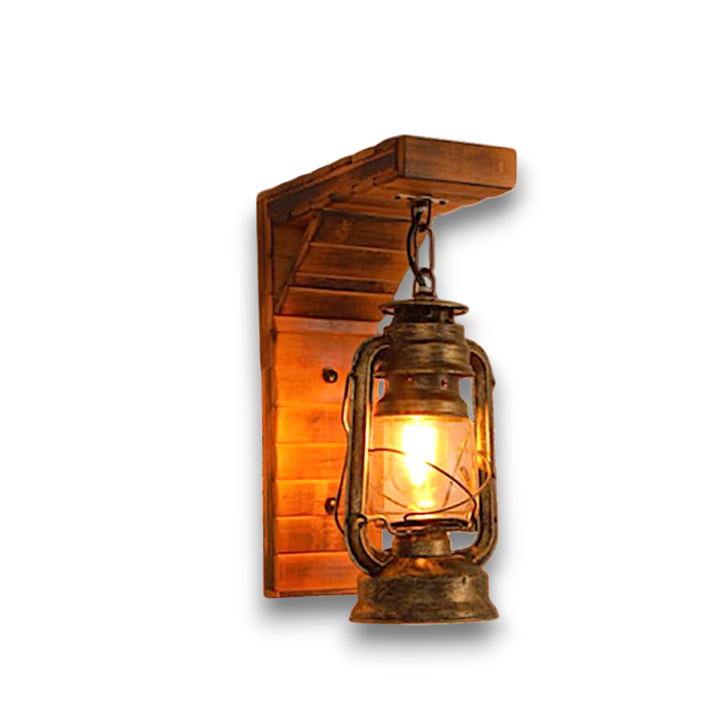 Vintage Wood Wall Lamp – Rustic Sconce with Metal and Glass Design