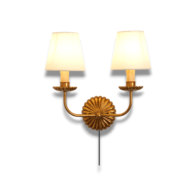 Antique Style Gold Plug-in Wall Sconce – Ribbed Backplate with Fabric Shade