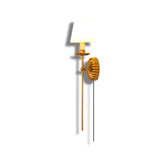 Antique Style Gold Plug-in Wall Sconce – Ribbed Backplate with Fabric Shade