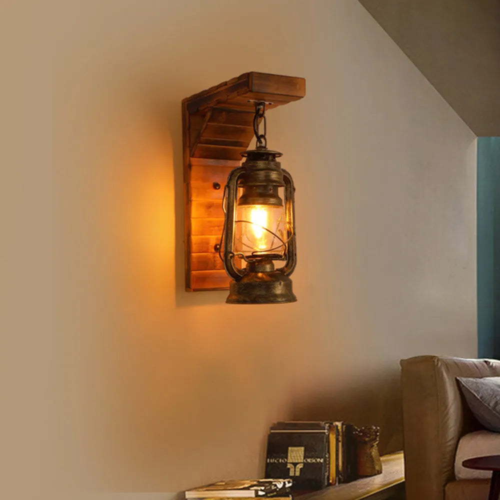 Vintage Wood Wall Lamp – Rustic Sconce with Metal and Glass Design