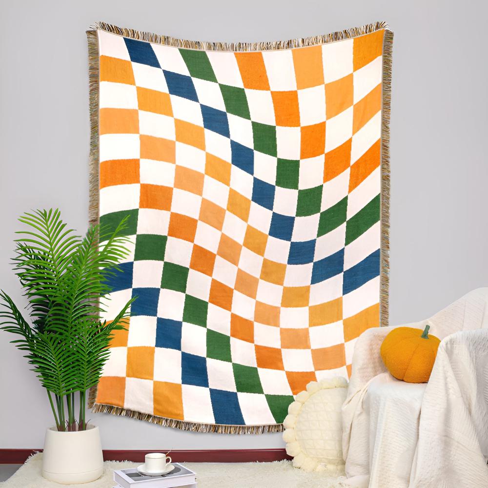 Tassel-Trimmed Colourful Checkerboard Blanket