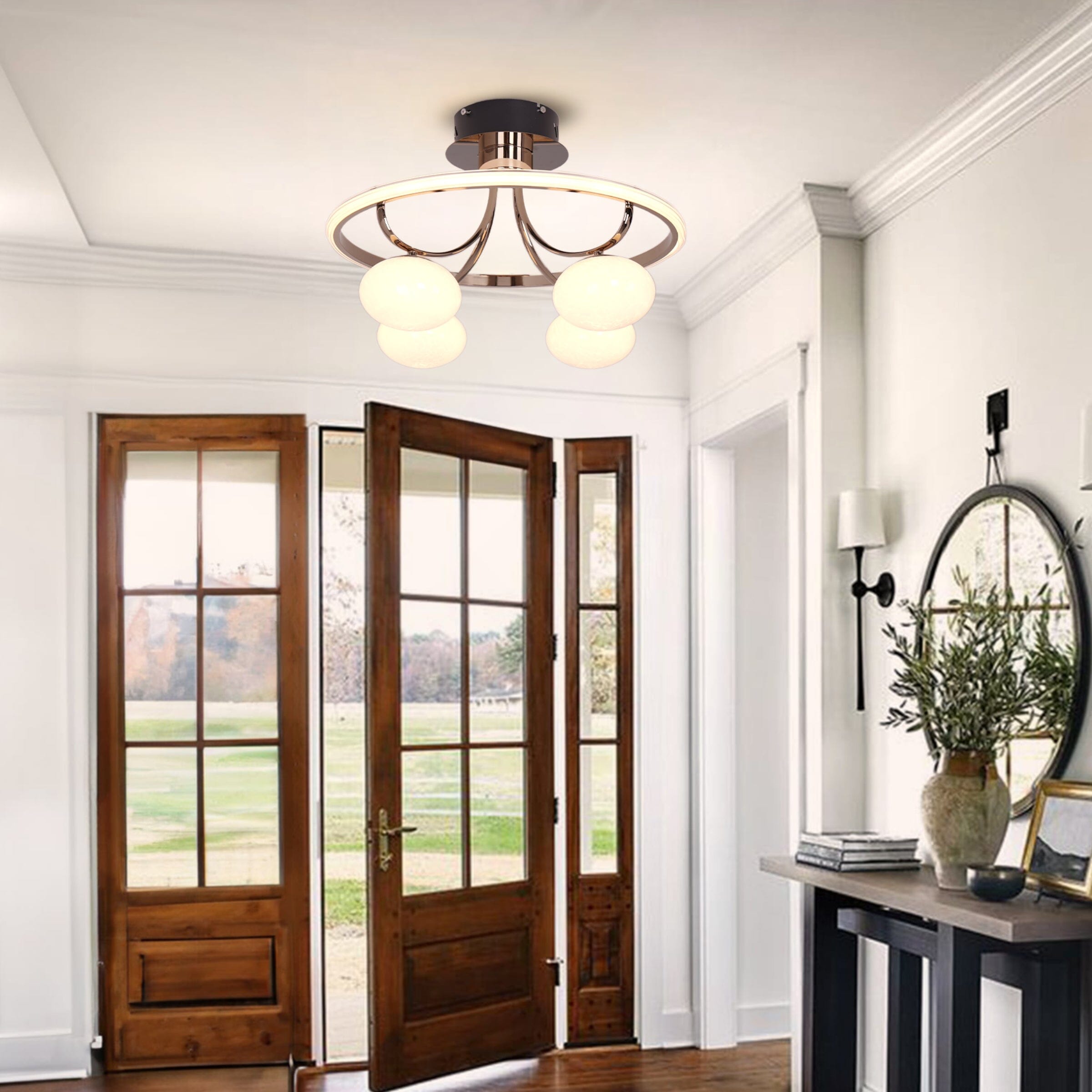 Modern Circular Ceiling Light – Four Orb Glass Fixture