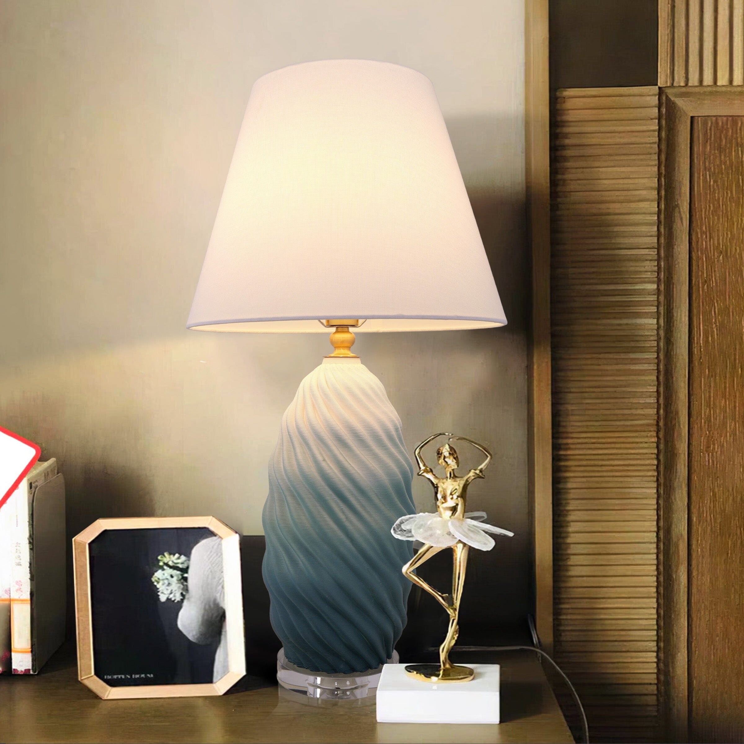Threaded Ceramic Table Lamp - 3D Lamp with Fabric Shade