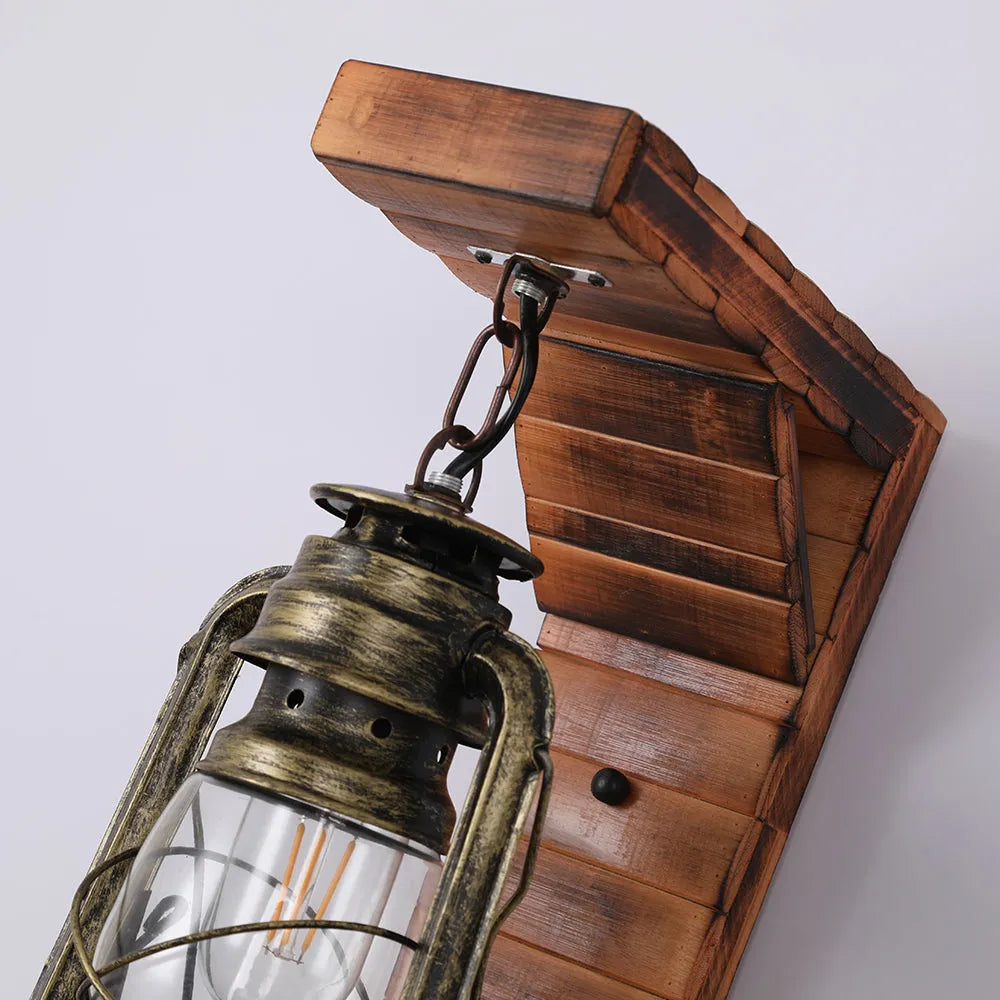 Vintage Wood Wall Lamp – Rustic Sconce with Metal and Glass Design
