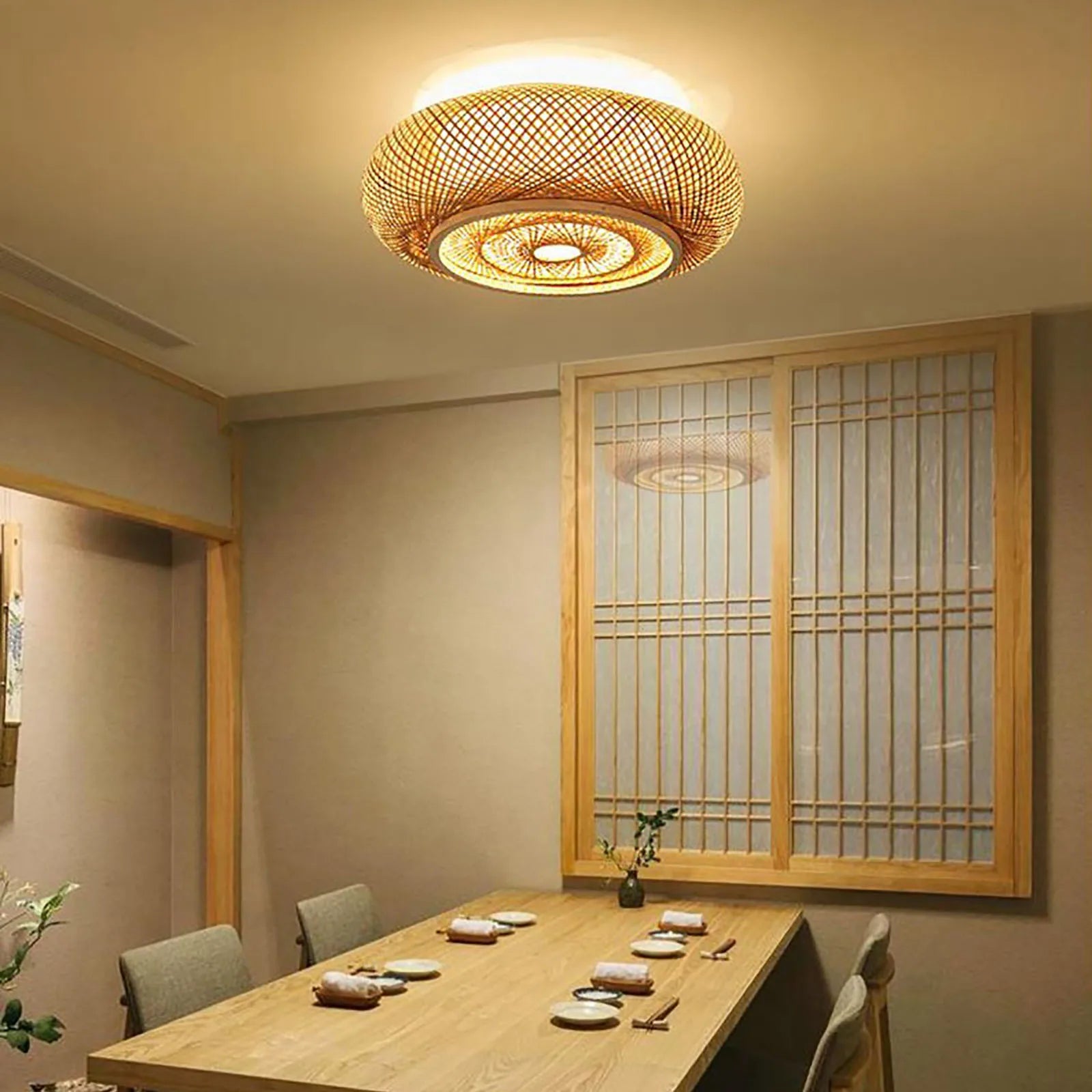 Handwoven Bamboo & Rattan Semi-Recessed Ceiling Light | Coastal Style Pendant Light