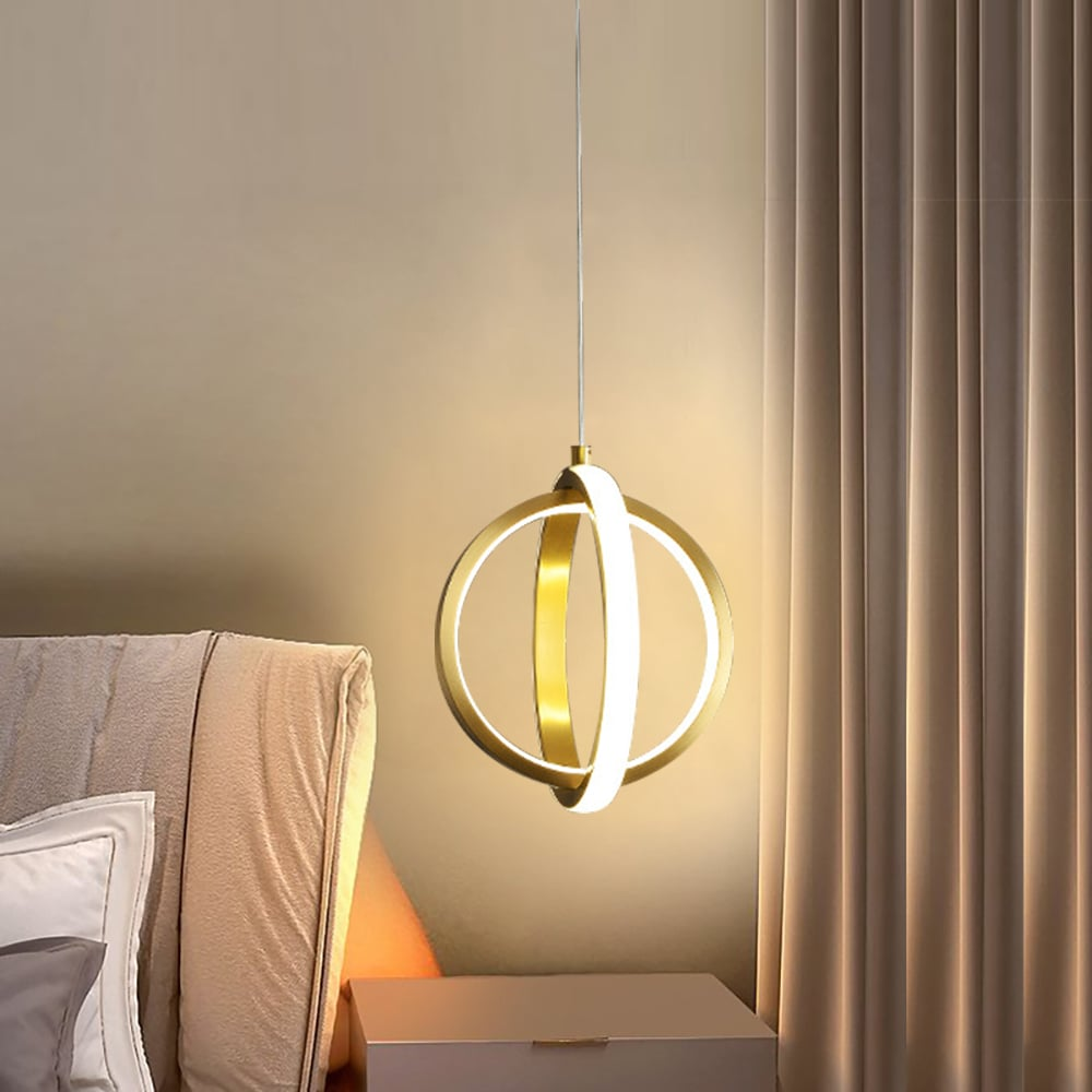 Gold Geometric 2-Ring LED Pendant Light | Brass Hanging Lamp
