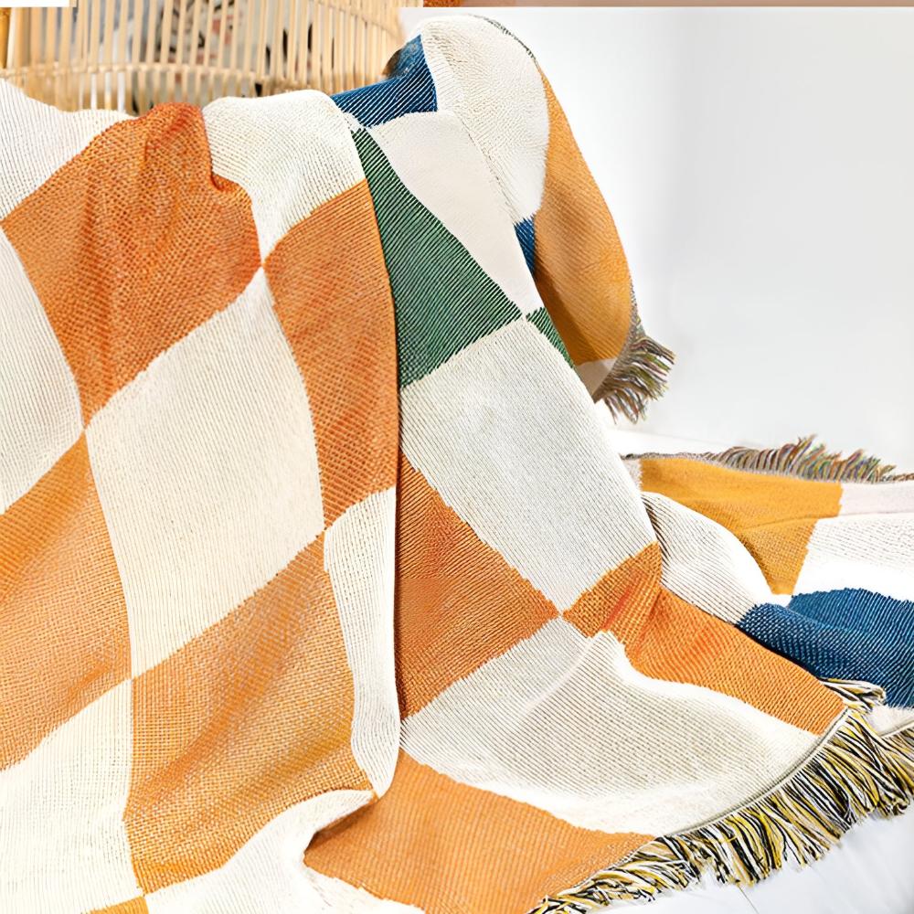 Tassel-Trimmed Colourful Checkerboard Blanket