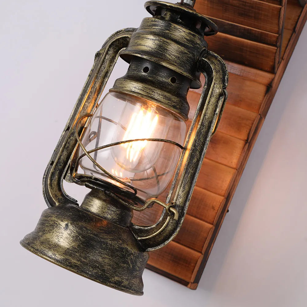 Vintage Wood Wall Lamp – Rustic Sconce with Metal and Glass Design