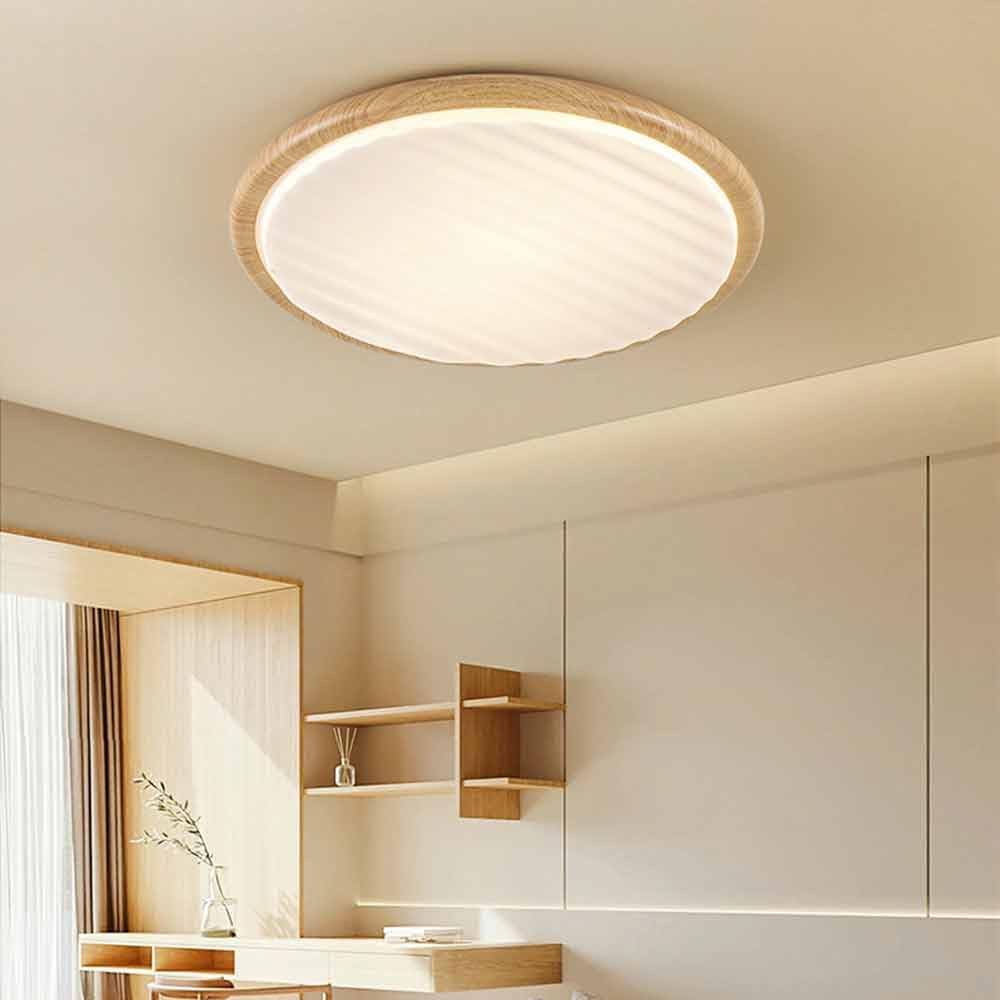 Modern Round Wood LED Ceiling Lamp | Pleated Shade