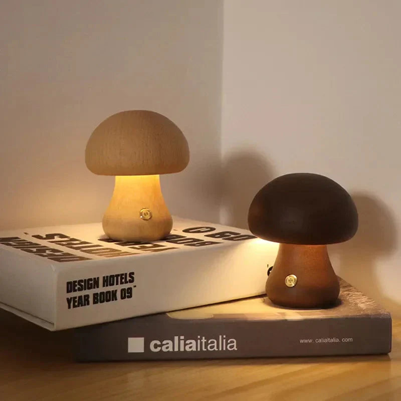 Rustic Wooden Mushroom Table Lamp