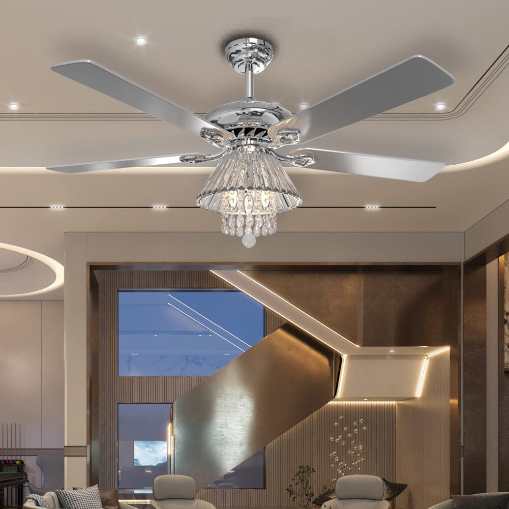 Elegant 52-Inch Silver Ceiling Fan with Crystal Chandelier Lighting