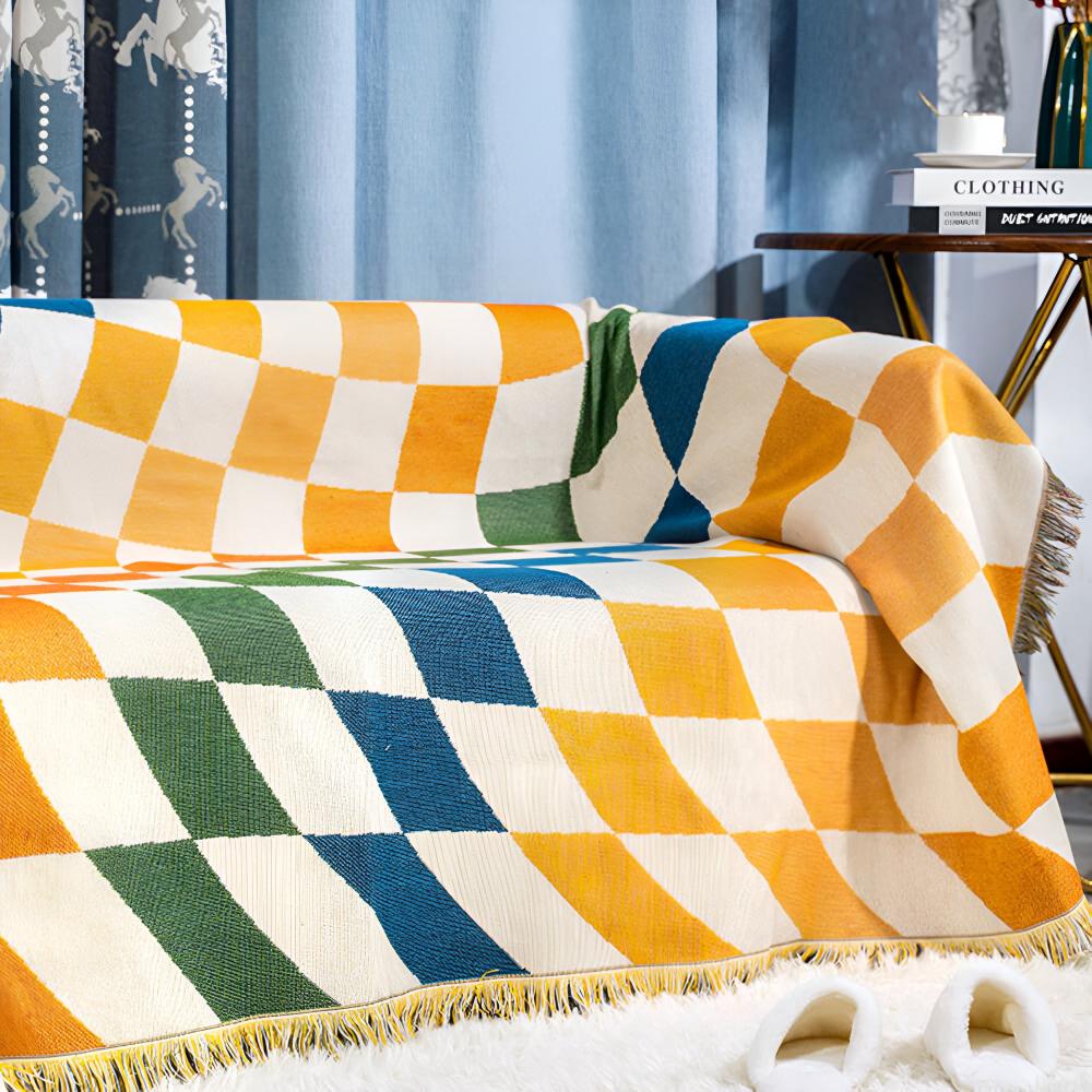 Tassel-Trimmed Colourful Checkerboard Blanket