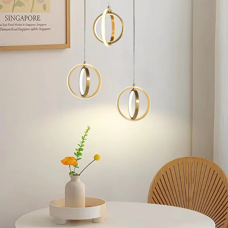Gold Geometric 2-Ring LED Pendant Light | Brass Hanging Lamp