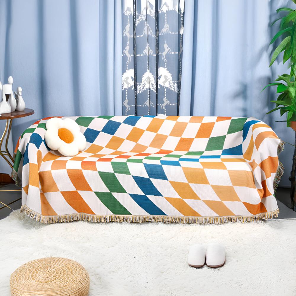 Tassel-Trimmed Colourful Checkerboard Blanket