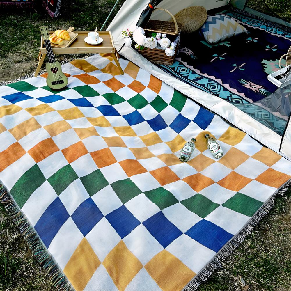 Tassel-Trimmed Colourful Checkerboard Blanket