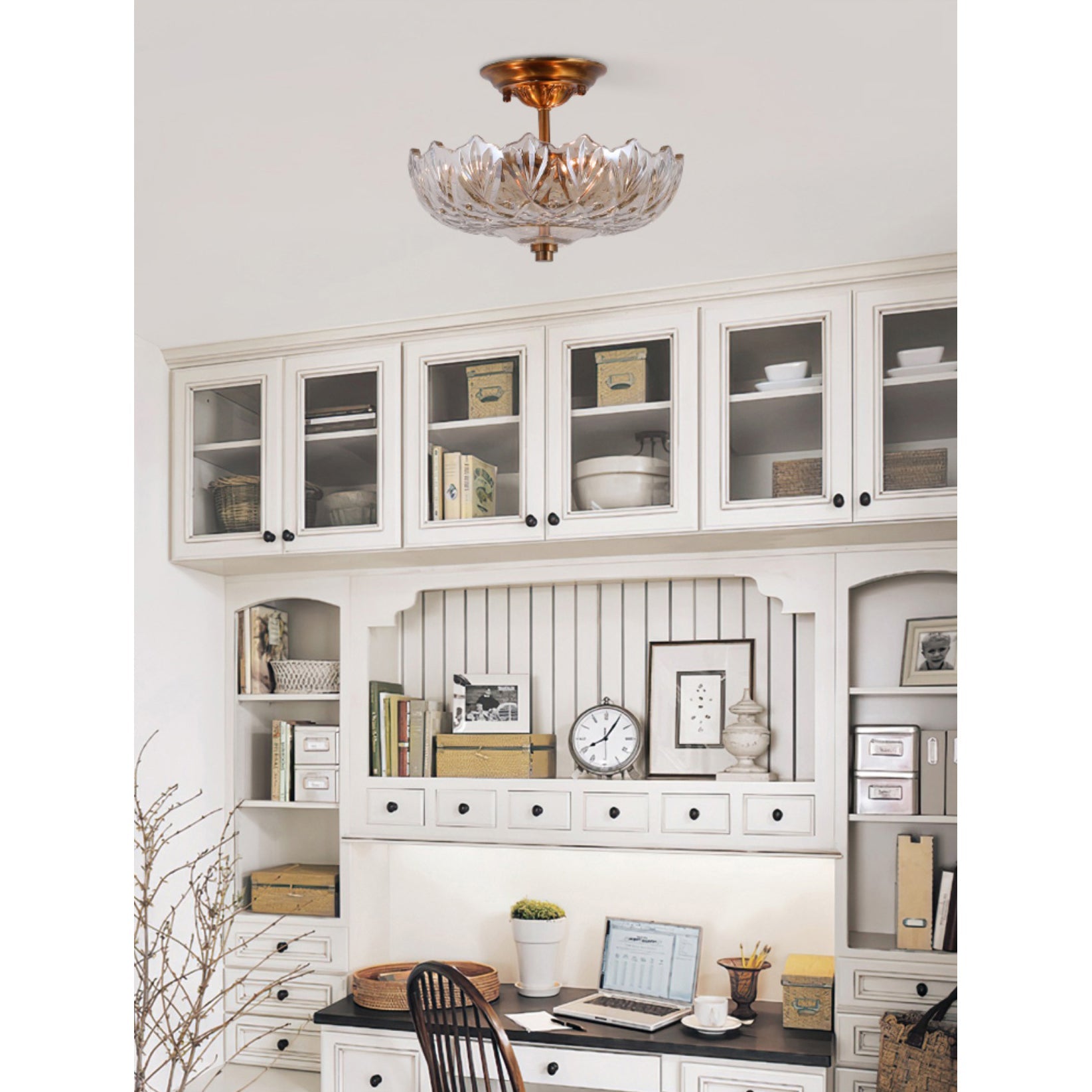 Compact Glass Ceiling Light – Brass Body with Amber Shades