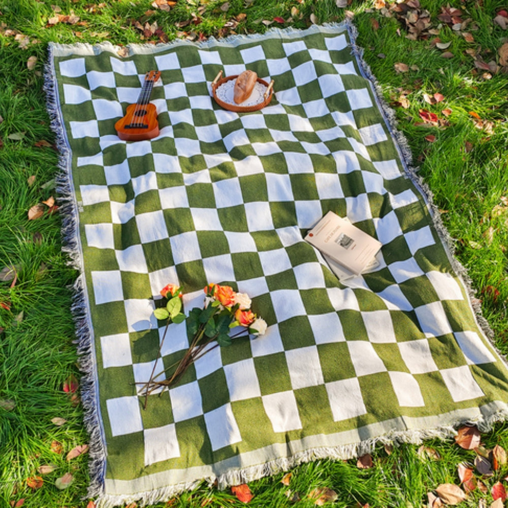 Classic Checkered Picnic Blanket with Fringe