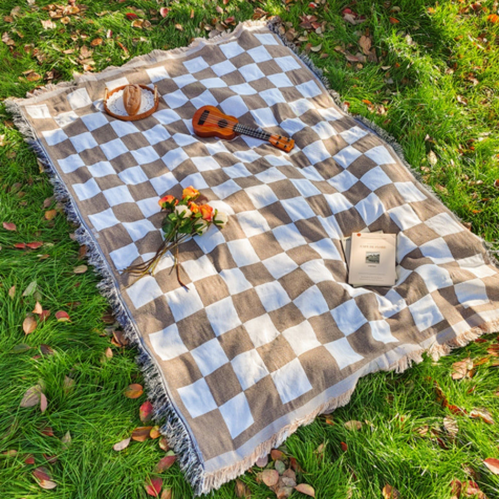 Classic Checkered Picnic Blanket with Fringe