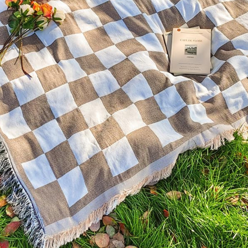 Classic Checkered Picnic Blanket with Fringe