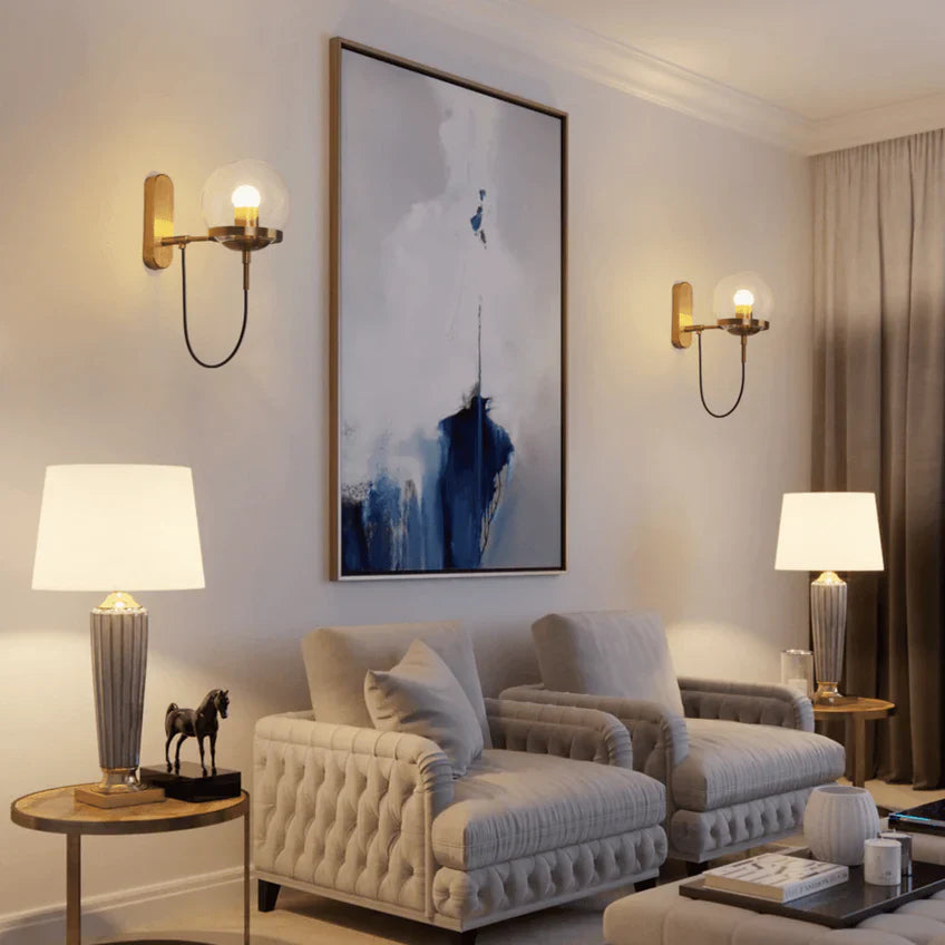 Clear Glass Ball Wall Lamp | Modern Minimalist Gold & Black Indoor Sconce