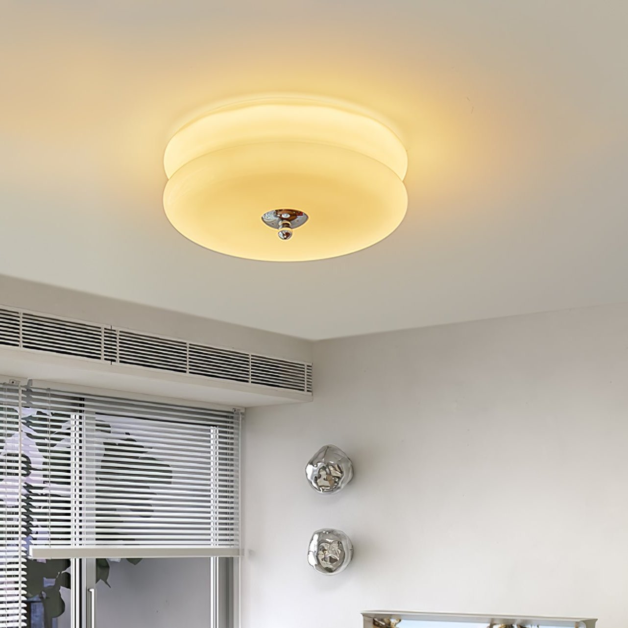 Brass & Cream Glass Semi Flush Ceiling Lamp | Retro Lighting