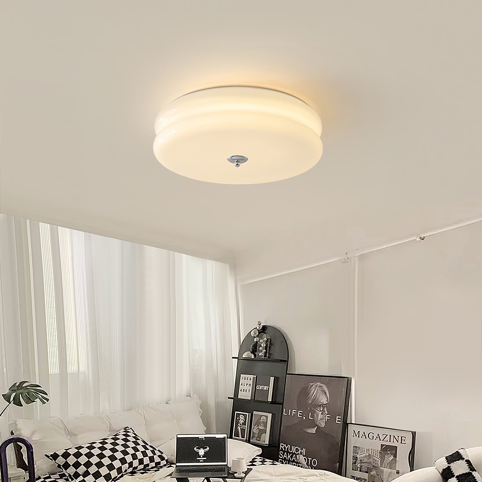 Brass & Cream Glass Semi Flush Ceiling Lamp | Retro Lighting