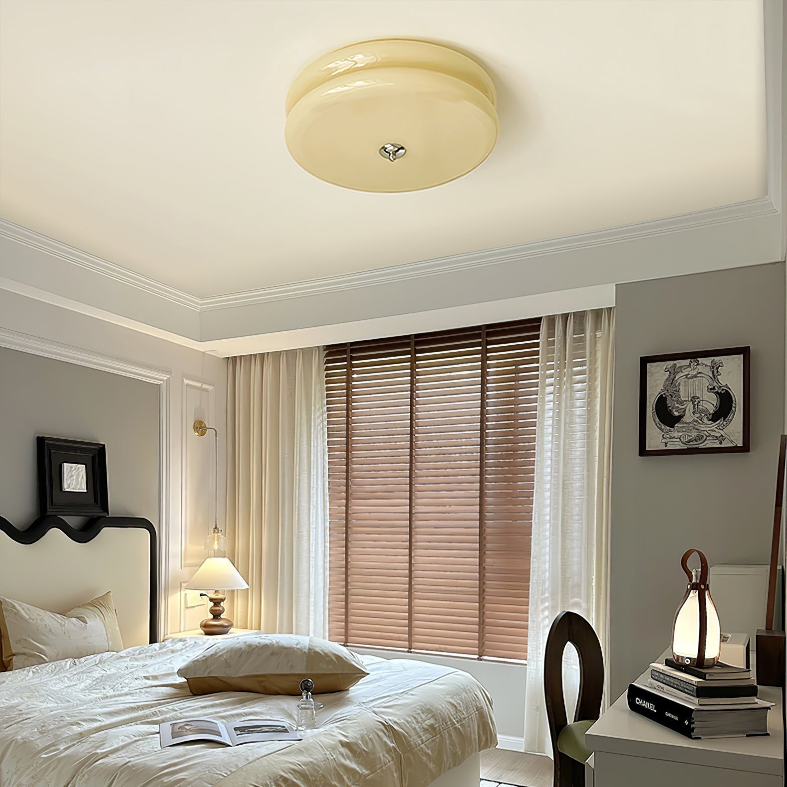 Brass & Cream Glass Semi Flush Ceiling Lamp | Retro Lighting