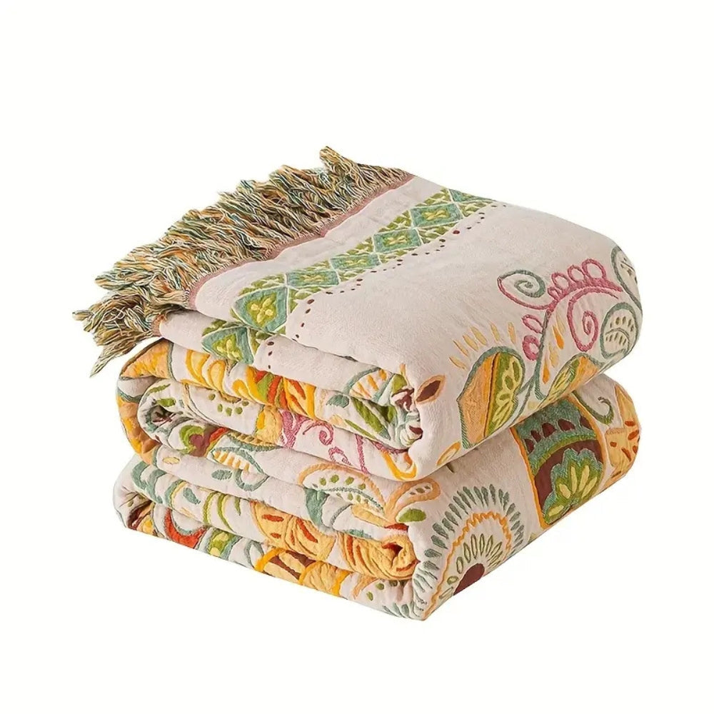 Reversible Boho Throw Blanket Featuring Autumn Leaf Design