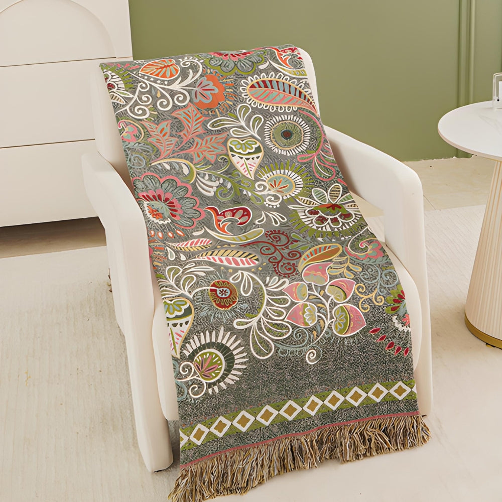 Reversible Boho Throw Blanket Featuring Autumn Leaf Design