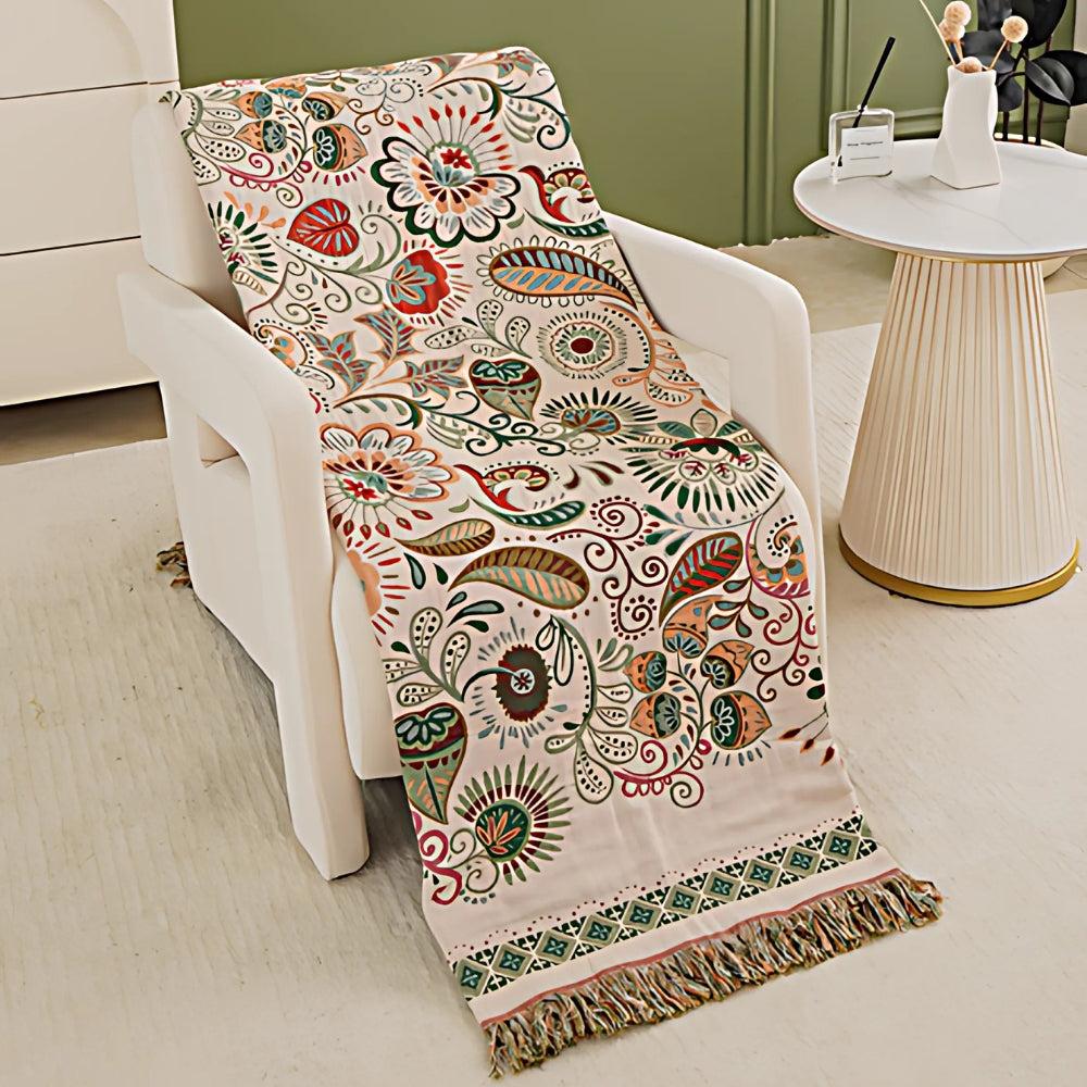 Reversible Boho Throw Blanket Featuring Autumn Leaf Design