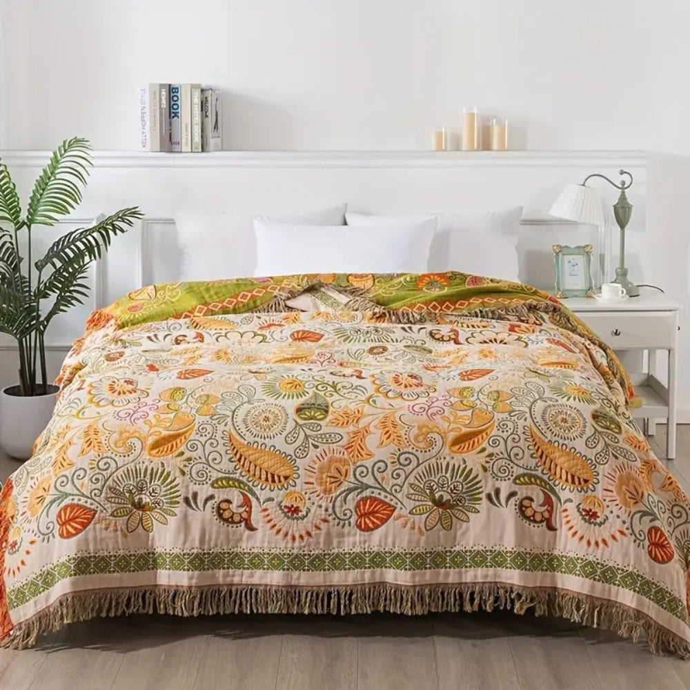 Reversible Boho Throw Blanket Featuring Autumn Leaf Design