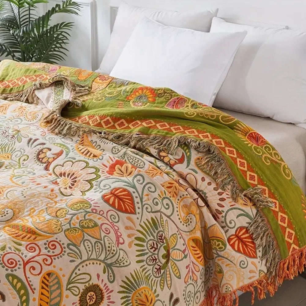Reversible Boho Throw Blanket Featuring Autumn Leaf Design