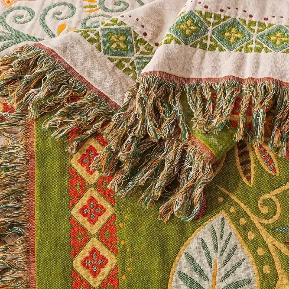 Reversible Boho Throw Blanket Featuring Autumn Leaf Design