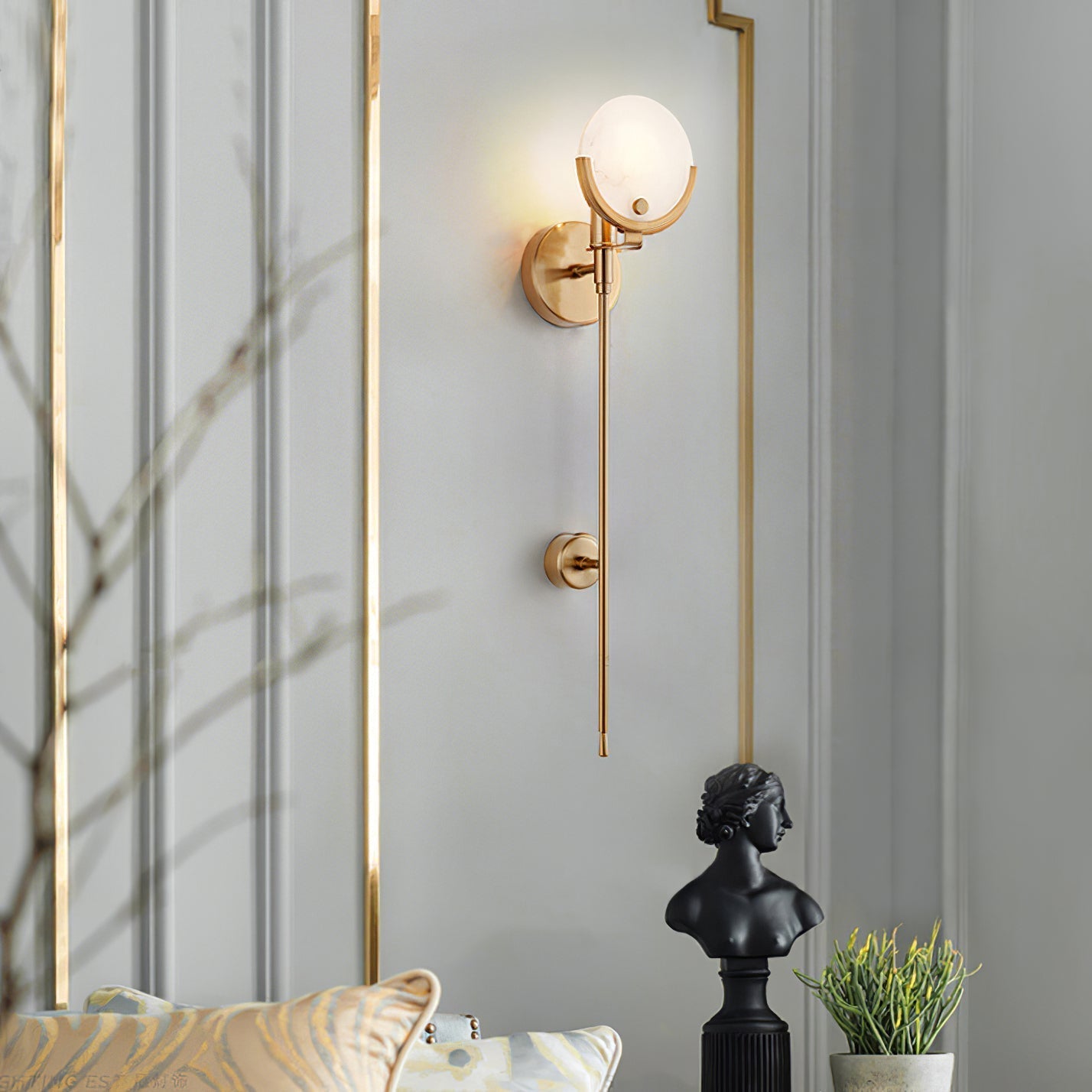 Modern Brass Wall Sconce – Alabaster Shade Accent Lamp