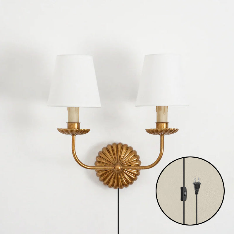 Antique Style Gold Plug-in Wall Sconce – Ribbed Backplate with Fabric Shade