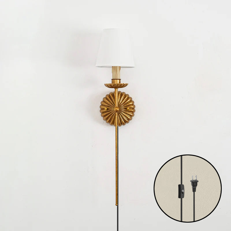 Antique Style Gold Plug-in Wall Sconce – Ribbed Backplate with Fabric Shade