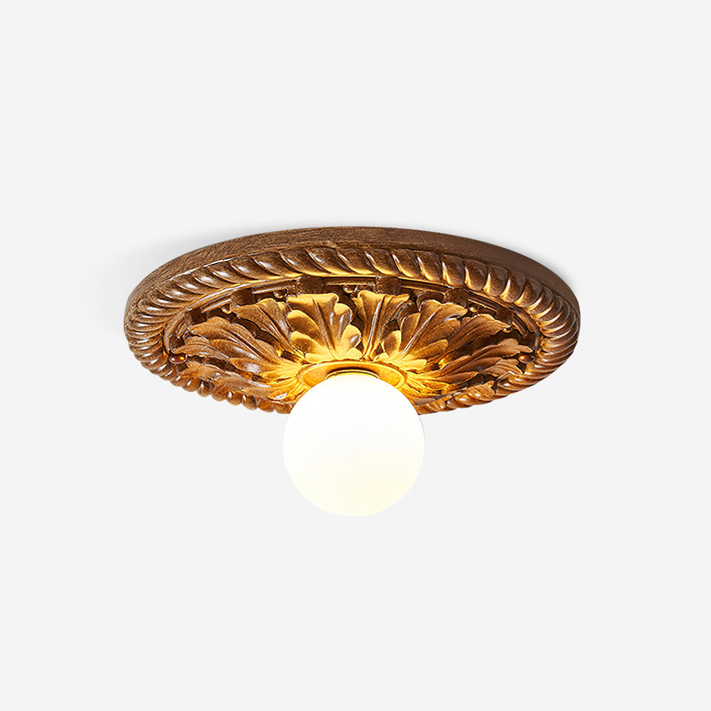 Vintage Style Resin Ceiling Light – Carved Base with Round Opal Glass Shade