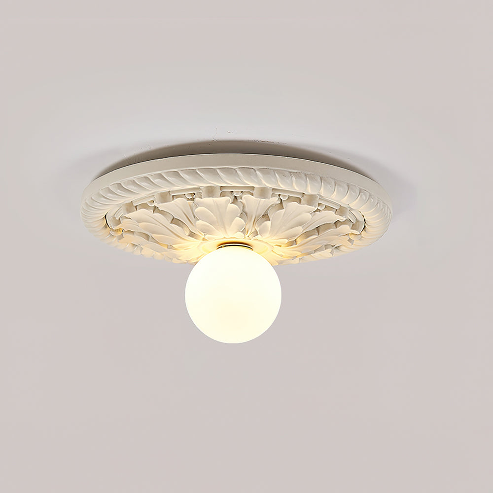 Vintage Style Resin Ceiling Light – Carved Base with Round Opal Glass Shade