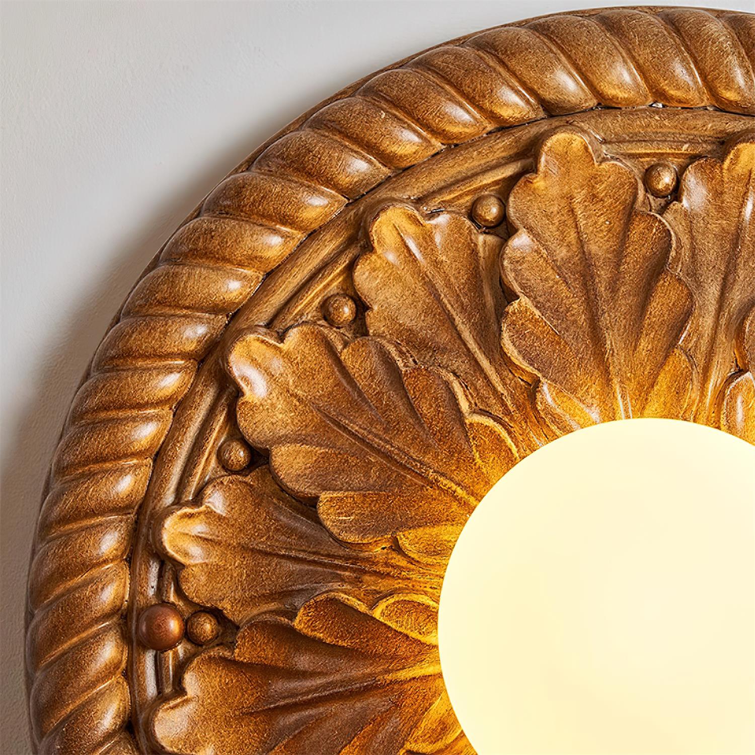 Vintage Style Resin Ceiling Light – Carved Base with Round Opal Glass Shade
