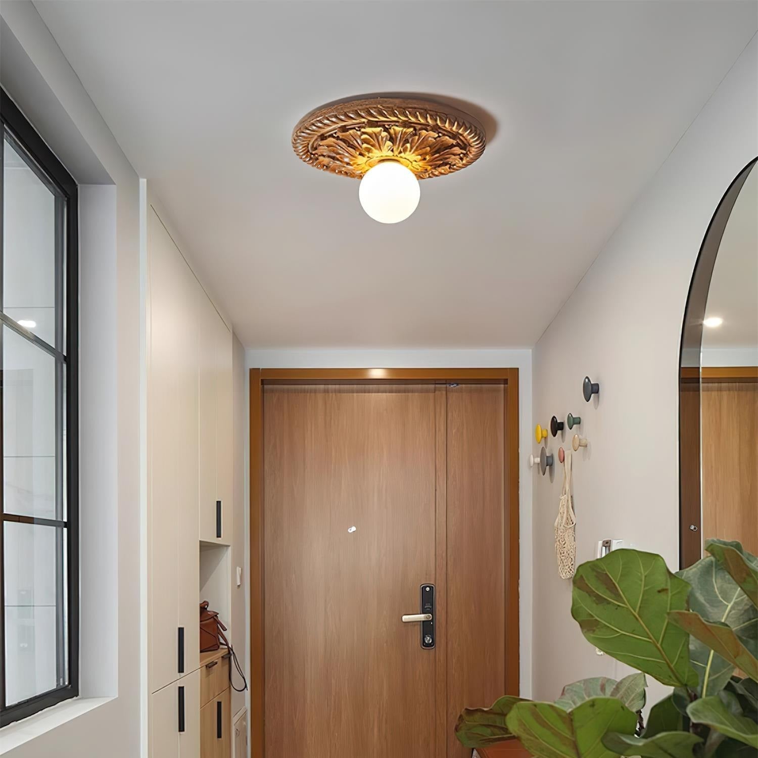 Vintage Style Resin Ceiling Light – Carved Base with Round Opal Glass Shade