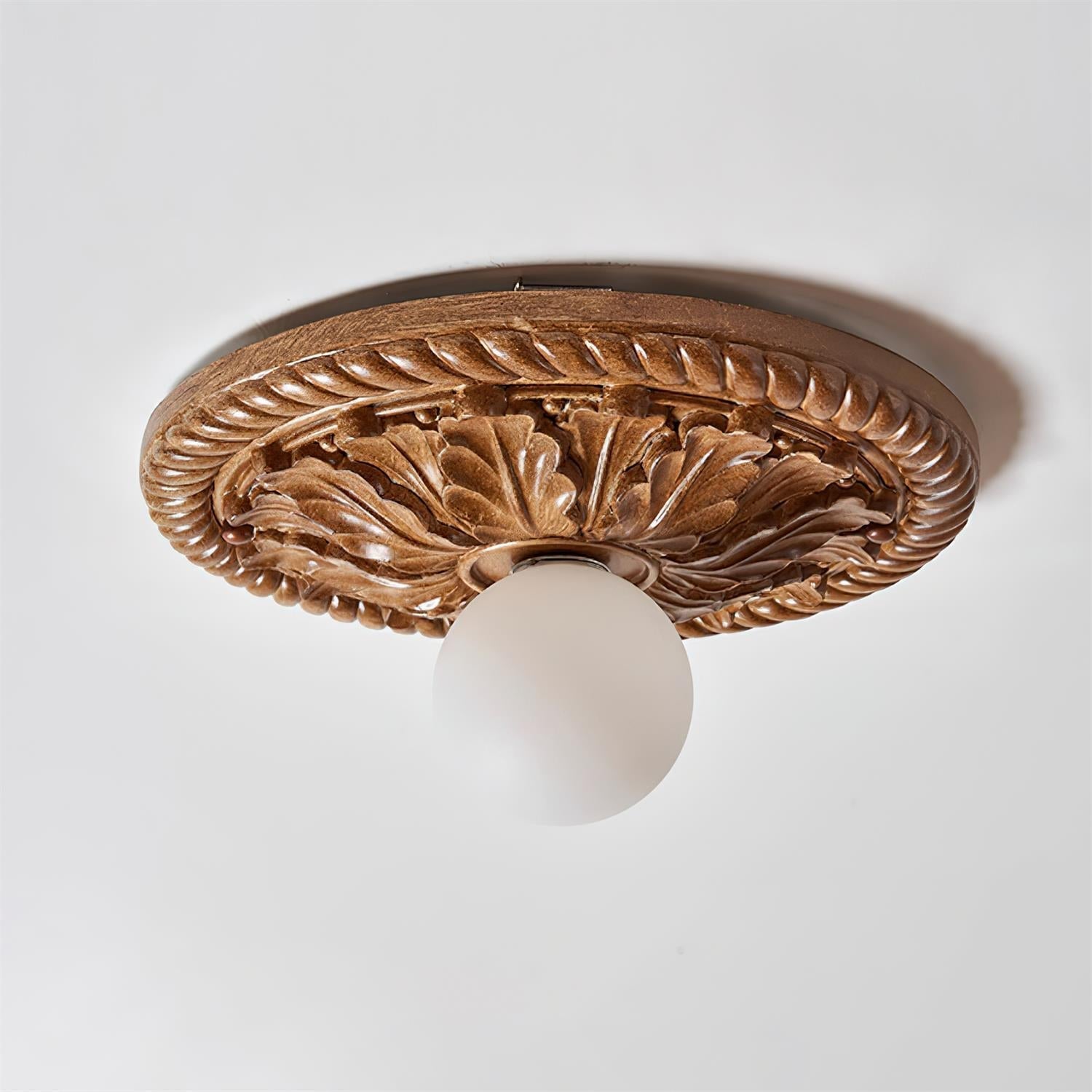 Vintage Style Resin Ceiling Light – Carved Base with Round Opal Glass Shade