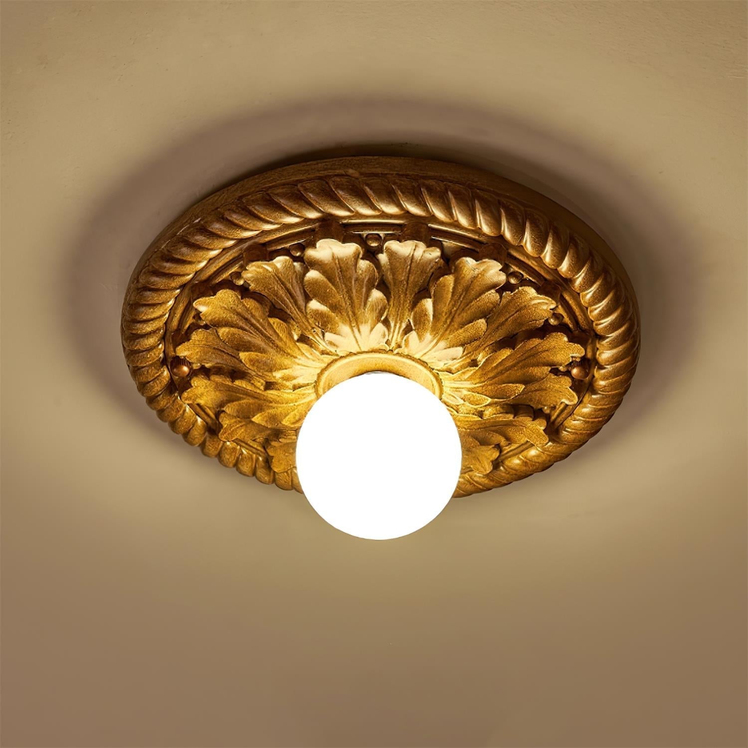 Vintage Style Resin Ceiling Light – Carved Base with Round Opal Glass Shade