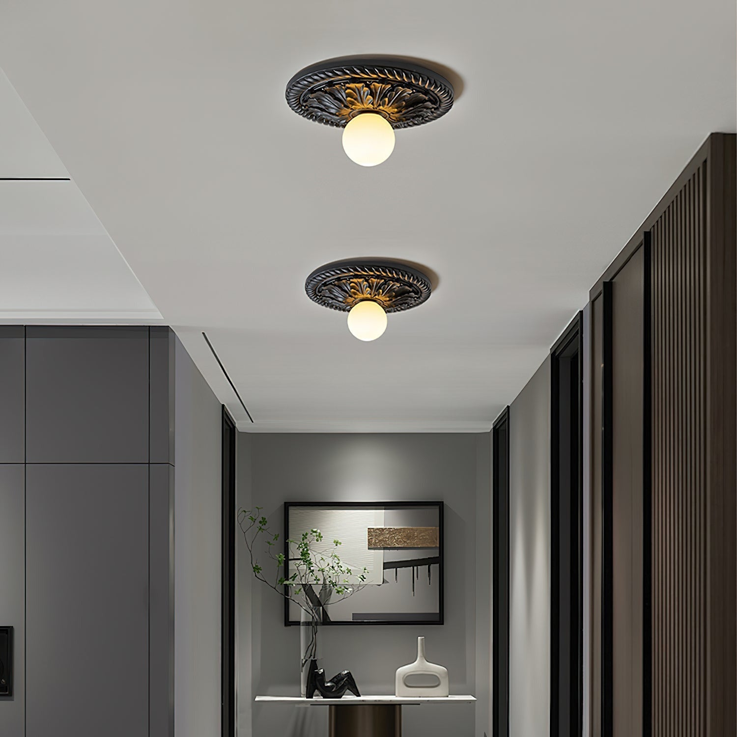 Vintage Style Resin Ceiling Light – Carved Base with Round Opal Glass Shade