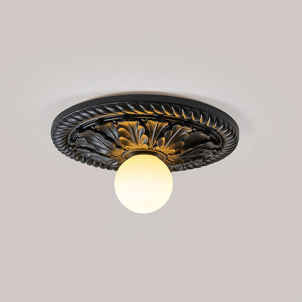 Vintage Style Resin Ceiling Light – Carved Base with Round Opal Glass Shade