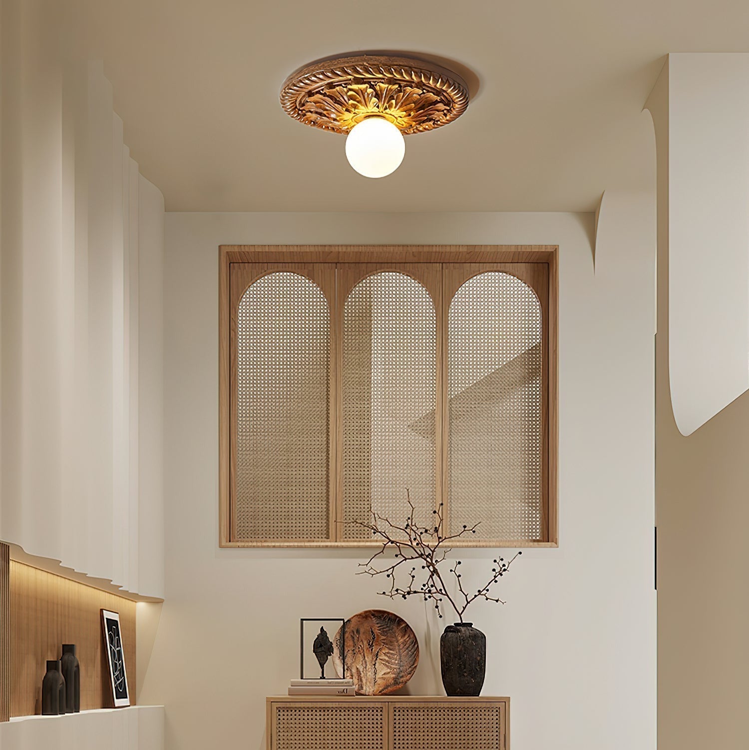 Vintage Style Resin Ceiling Light – Carved Base with Round Opal Glass Shade