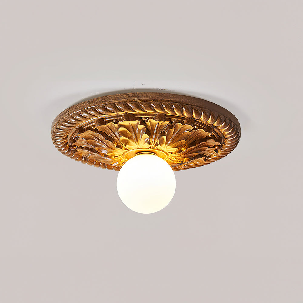 Vintage Style Resin Ceiling Light – Carved Base with Round Opal Glass Shade
