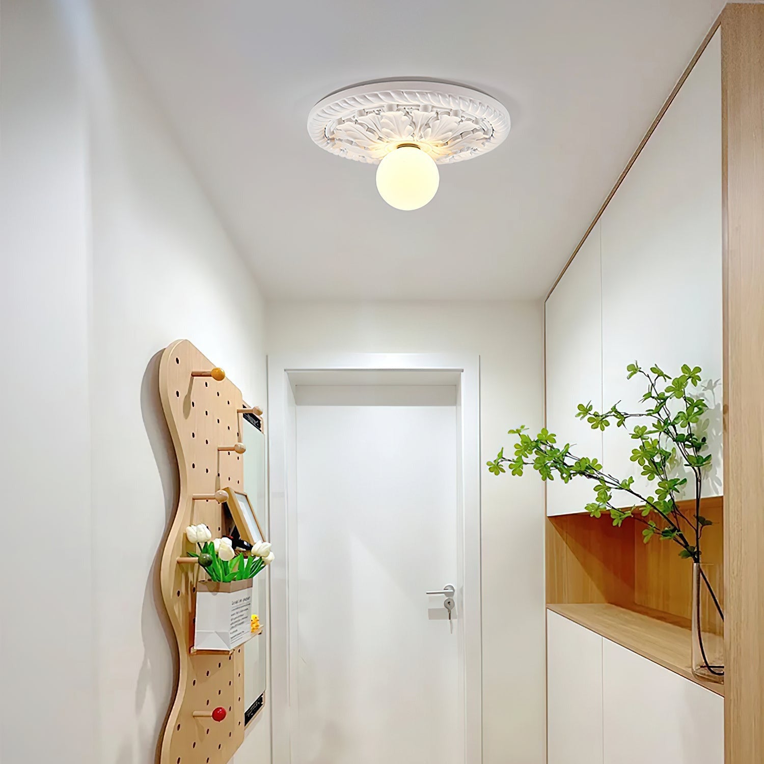 Vintage Style Resin Ceiling Light – Carved Base with Round Opal Glass Shade