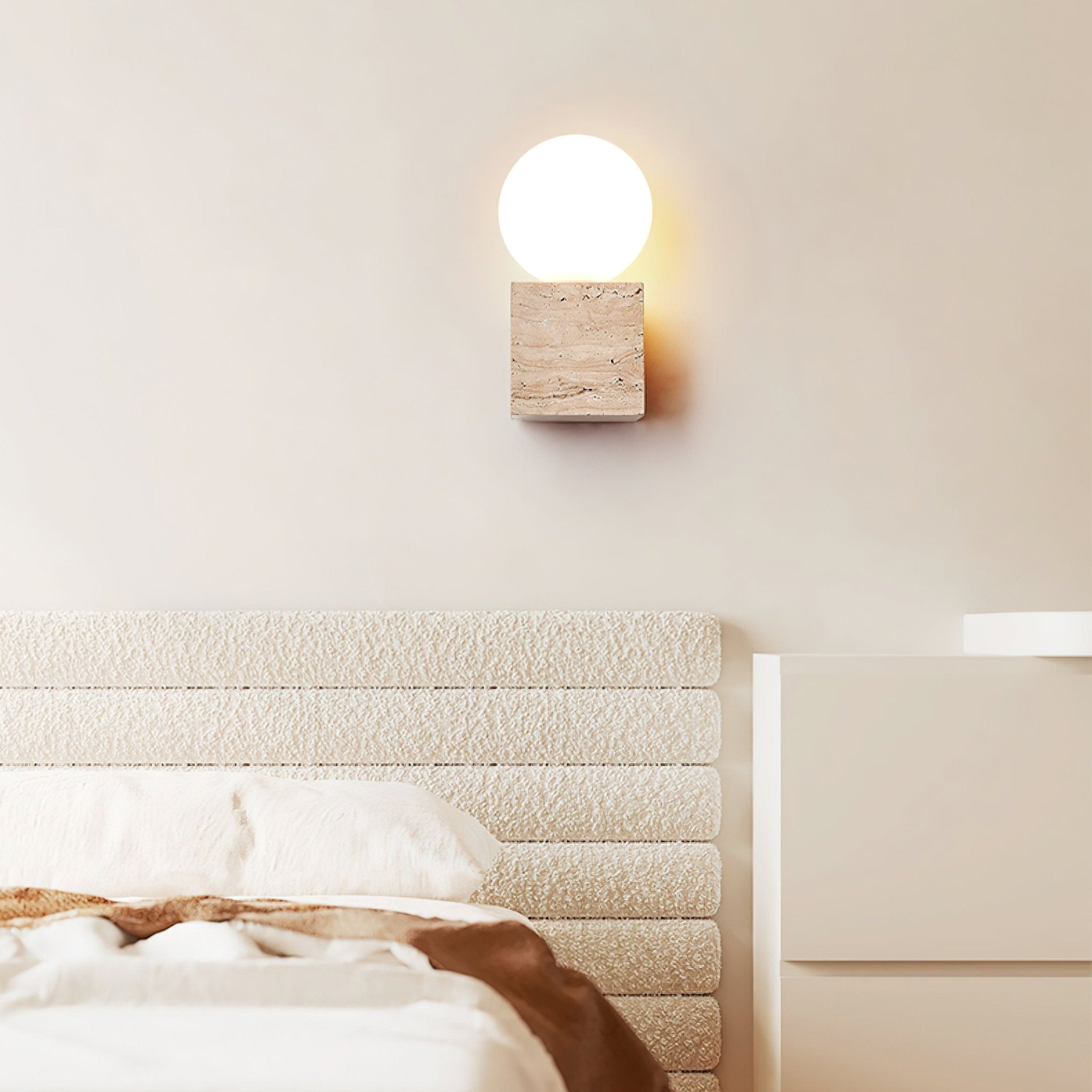 Minimalist Cube Wall Lamp - Travertine Base with White Shade